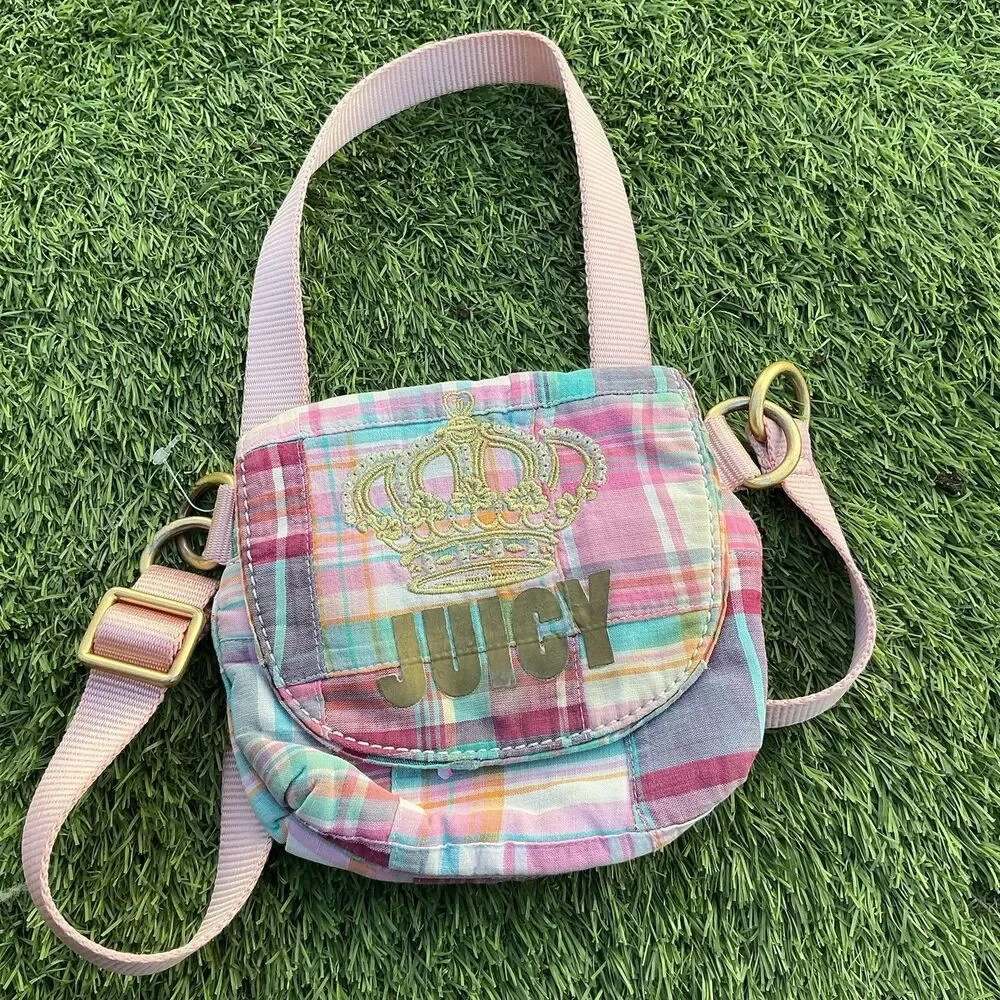 Juicy Couture Y2K Plaid Mini Crossbody Bag Pink Crown Patchwork Shoulder Purse - Picture 1 of 6